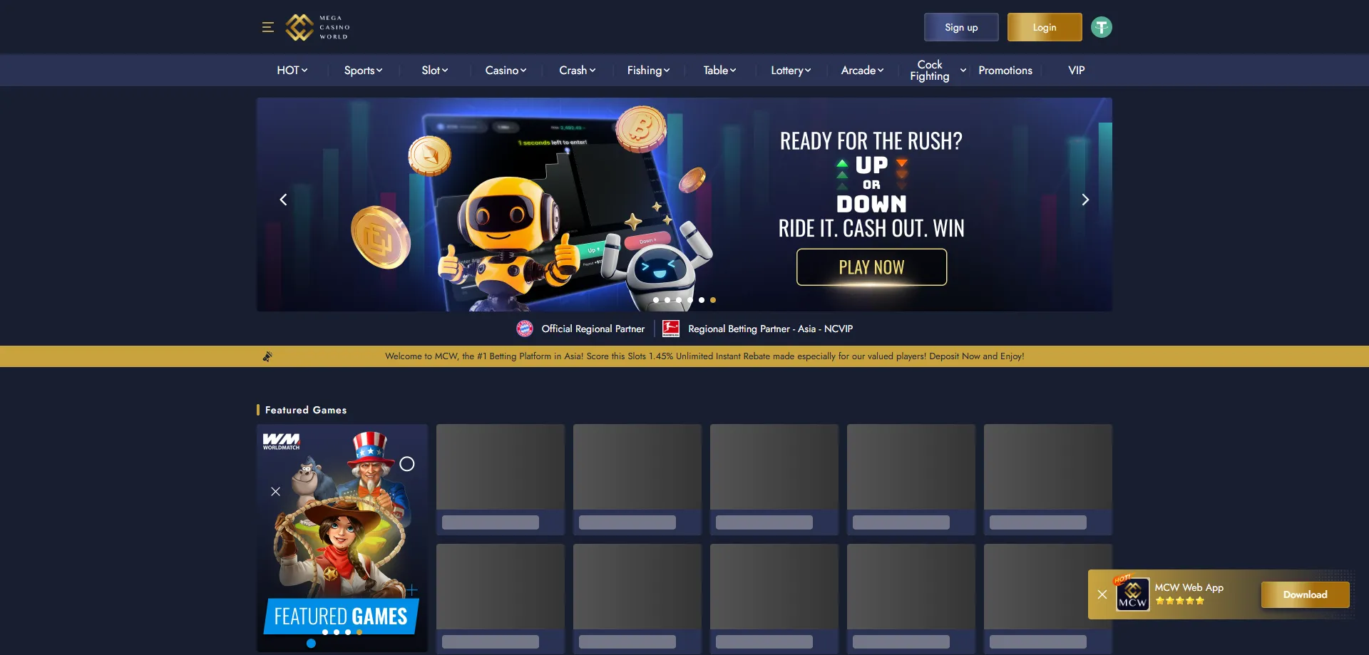 MCW Mega Casino lobby navigation — search filters and game categories